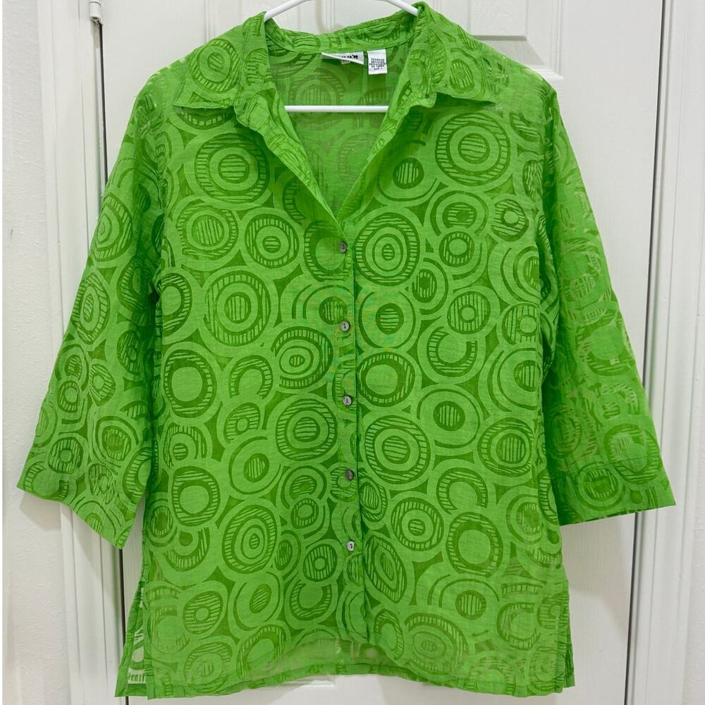 Vintage 90's Chico's Design Green Sheer 3/4 Sleeve Button Down Blouse Medium - Picture 1 of 12